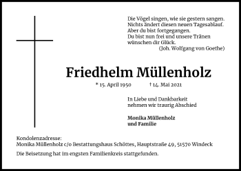 Anzeige von Friedhelm Müllenholz von Kölner Stadt-Anzeiger / Kölnische Rundschau / Express