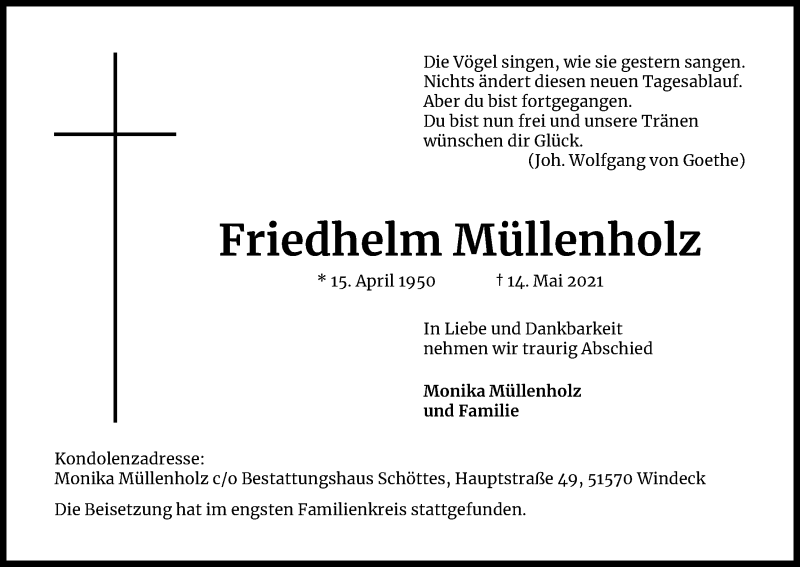  Traueranzeige für Friedhelm Müllenholz vom 29.05.2021 aus Kölner Stadt-Anzeiger / Kölnische Rundschau / Express
