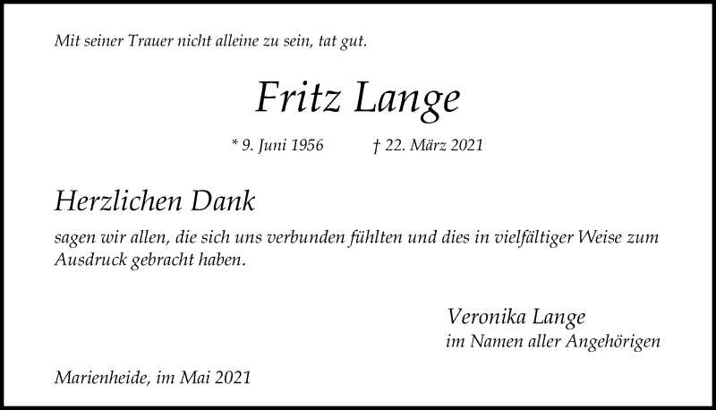  Traueranzeige für Fritz Lange vom 14.05.2021 aus  Anzeigen Echo 