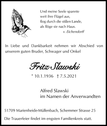 Anzeige von Fritz Slawski von Kölner Stadt-Anzeiger / Kölnische Rundschau / Express
