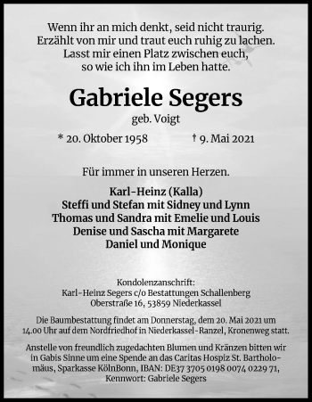 Anzeige von Gabriele Segers von Kölner Stadt-Anzeiger / Kölnische Rundschau / Express