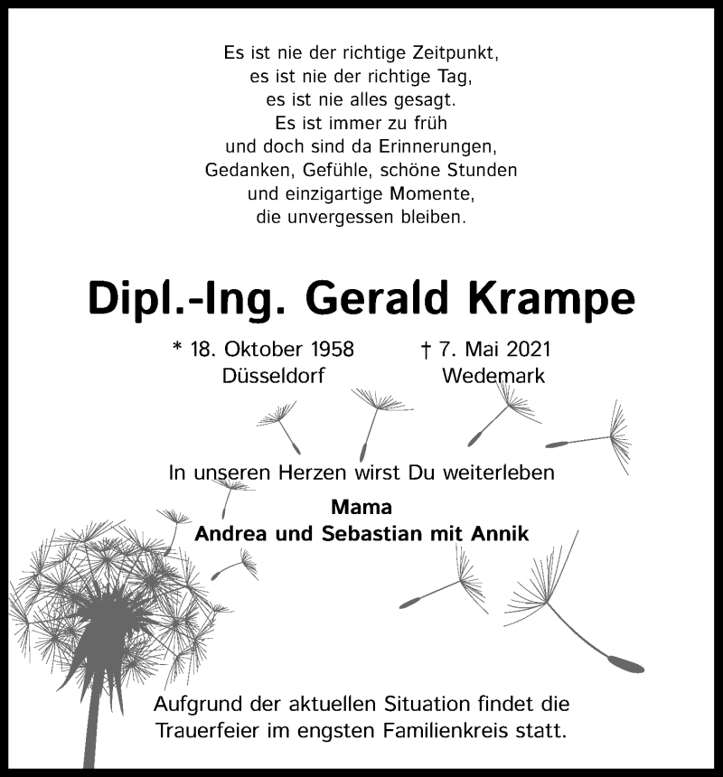  Traueranzeige für Gerald Krampe vom 15.05.2021 aus Kölner Stadt-Anzeiger / Kölnische Rundschau / Express