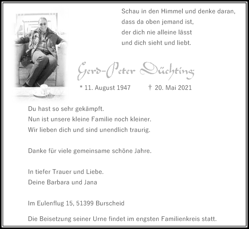  Traueranzeige für Gerd-Peter Düchting vom 29.05.2021 aus Kölner Stadt-Anzeiger / Kölnische Rundschau / Express