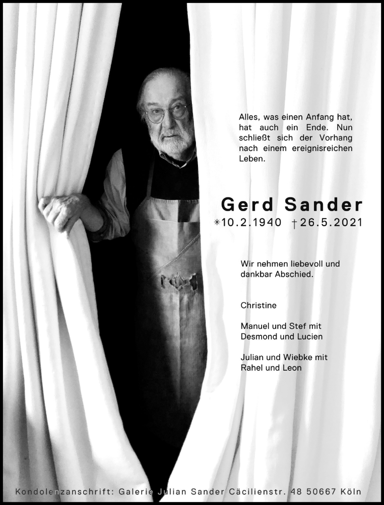  Traueranzeige für Gerd Sander vom 29.05.2021 aus Kölner Stadt-Anzeiger / Kölnische Rundschau / Express