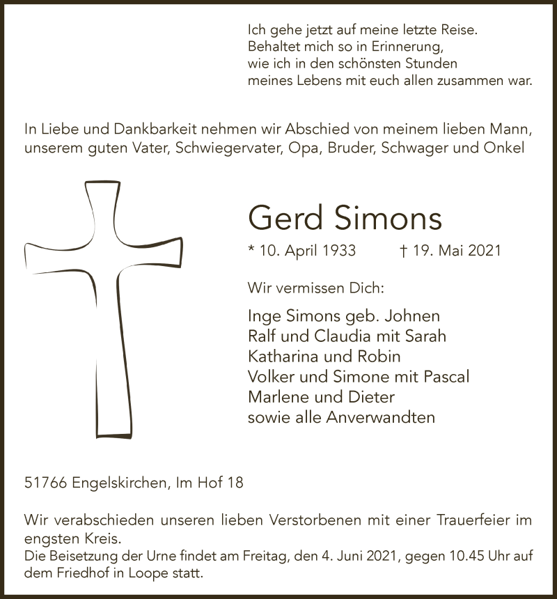  Traueranzeige für Gerd Simons vom 28.05.2021 aus  Anzeigen Echo 