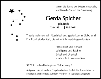 Anzeige von Gerda Spicher von Kölner Stadt-Anzeiger / Kölnische Rundschau / Express