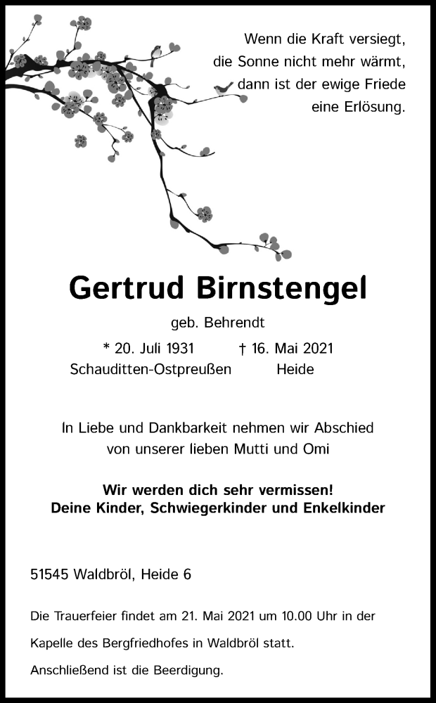  Traueranzeige für Gertrud Birnstengel vom 19.05.2021 aus Kölner Stadt-Anzeiger / Kölnische Rundschau / Express