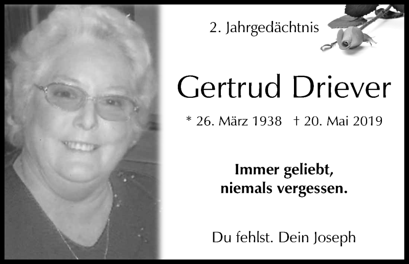  Traueranzeige für Gertrud Driever vom 20.05.2021 aus Kölner Stadt-Anzeiger / Kölnische Rundschau / Express