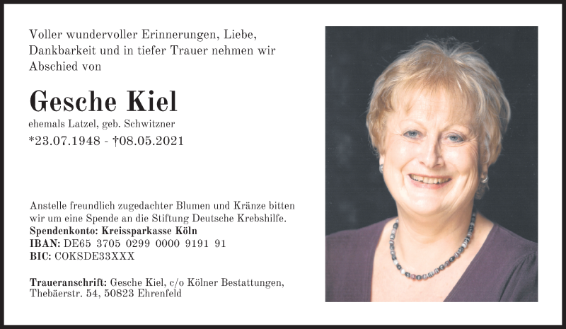  Traueranzeige für Gesche Kiel vom 22.05.2021 aus Kölner Stadt-Anzeiger / Kölnische Rundschau / Express