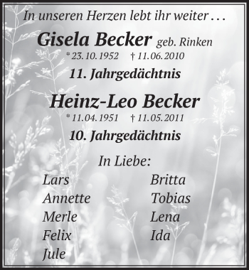 Anzeige von Gisela Becker von  Wochenende 