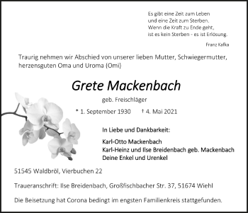 Anzeige von Grete Mackenbach von  Anzeigen Echo  Lokalanzeiger 