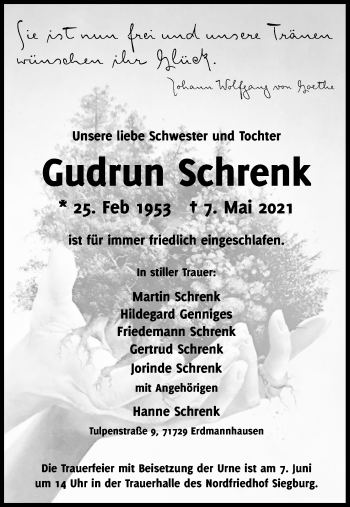 Anzeige von Gudrun Schrenk von Kölner Stadt-Anzeiger / Kölnische Rundschau / Express