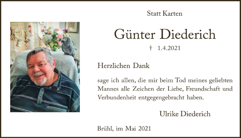  Traueranzeige für Günter Diederich vom 28.05.2021 aus  Schlossbote/Werbekurier 