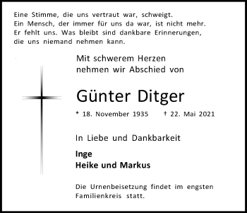 Anzeige von Günter Ditger von Kölner Stadt-Anzeiger / Kölnische Rundschau / Express