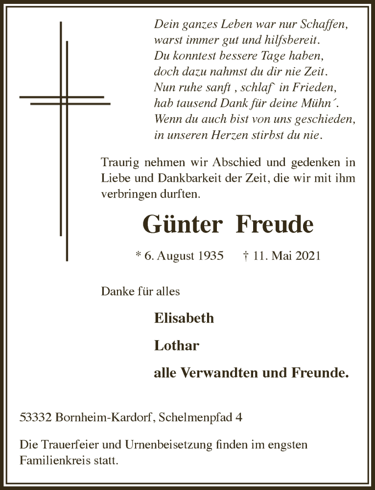  Traueranzeige für Günter Freude vom 21.05.2021 aus  Schaufenster/Blickpunkt 