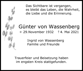 Anzeige von Günter von Wassenberg von Kölner Stadt-Anzeiger / Kölnische Rundschau / Express
