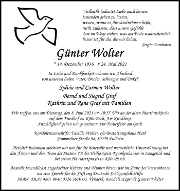 Anzeige von Günter Wolter von Kölner Stadt-Anzeiger / Kölnische Rundschau / Express