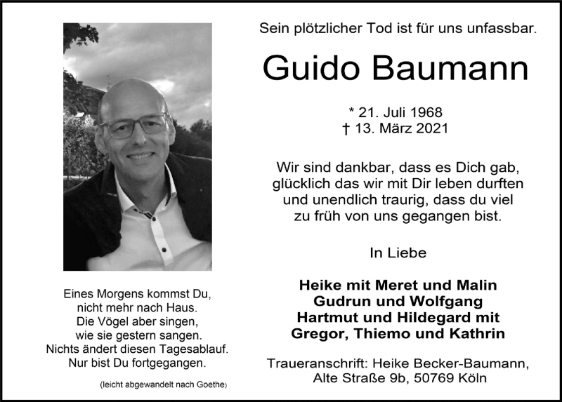  Traueranzeige für Guido Baumann vom 20.03.2021 aus  Blickpunkt Euskirchen 