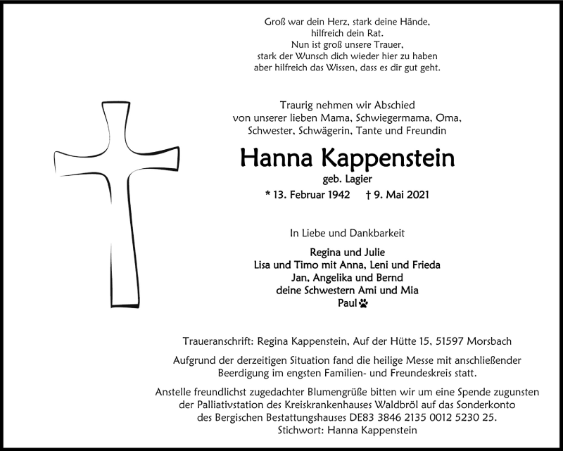 Traueranzeige für Hanna Kappenstein vom 14.05.2021 aus  Lokalanzeiger 