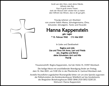 Anzeige von Hanna Kappenstein von Kölner Stadt-Anzeiger / Kölnische Rundschau / Express