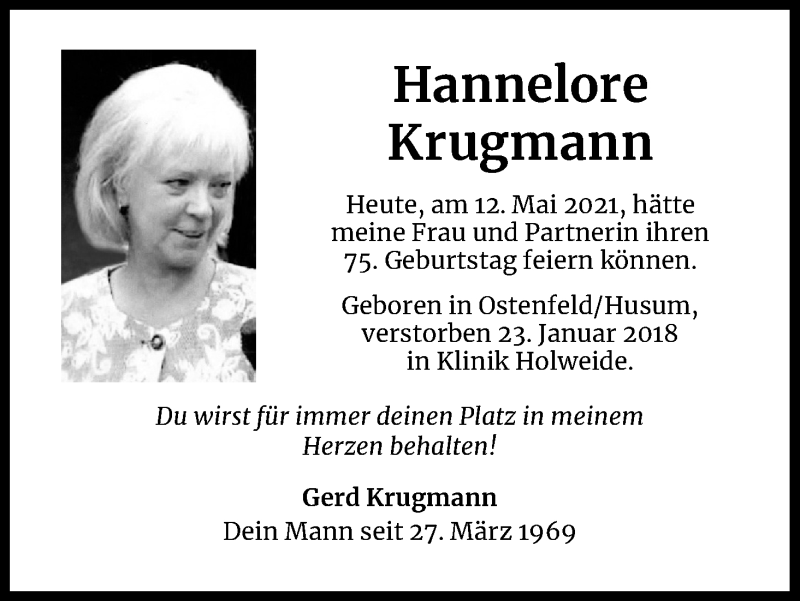  Traueranzeige für Hannelore Krugmann vom 12.05.2021 aus Kölner Stadt-Anzeiger / Kölnische Rundschau / Express