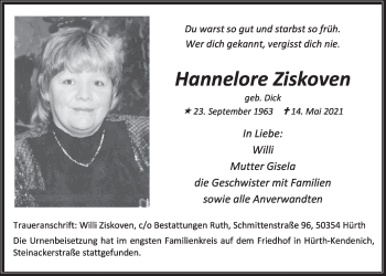 Anzeige von Hannelore Ziskoven von  Wochenende 