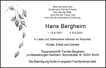 Anzeige von Hans Bergheim von  Wochenende  Schlossbote/Werbekurier 