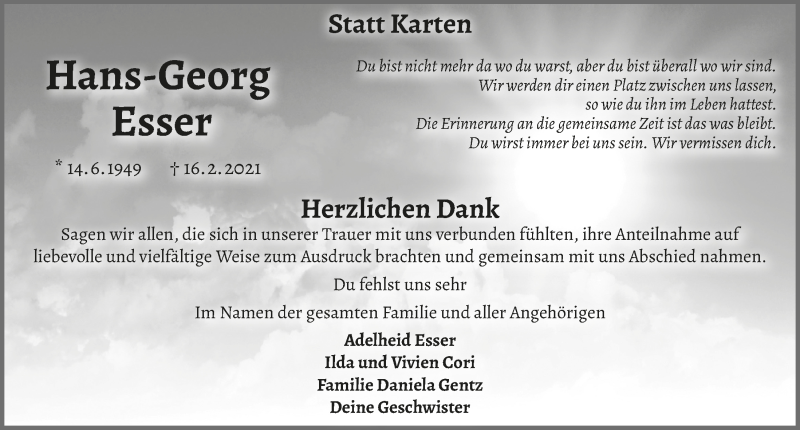  Traueranzeige für Hans-Georg Esser vom 20.03.2021 aus  Blickpunkt Euskirchen 