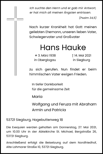 Anzeige von Hans Hauke von Kölner Stadt-Anzeiger / Kölnische Rundschau / Express
