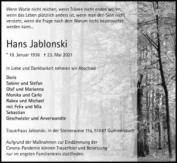 Anzeige von Hans Jablonski von Kölner Stadt-Anzeiger / Kölnische Rundschau / Express