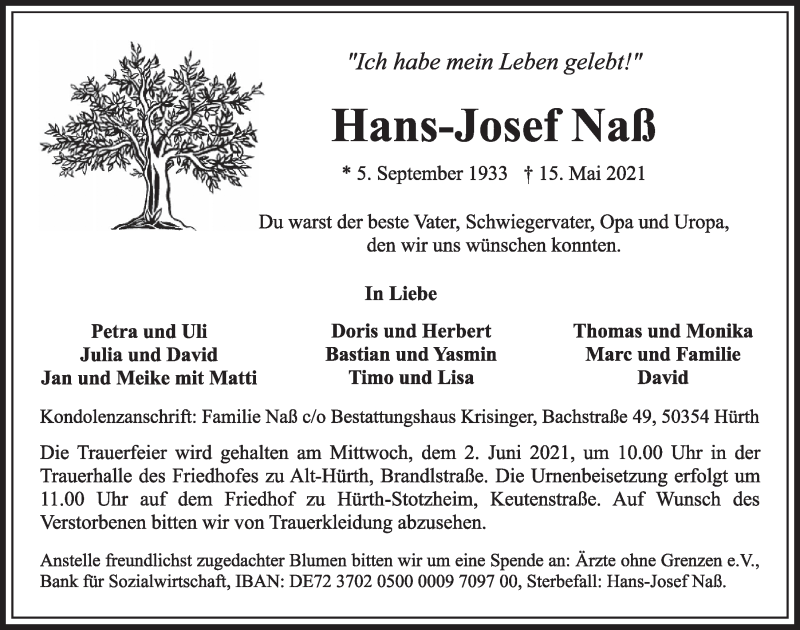  Traueranzeige für Hans-Josef Naß vom 28.05.2021 aus  Wochenende 