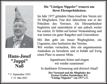Anzeige von Hans-Josef Naß von  Wochenende 