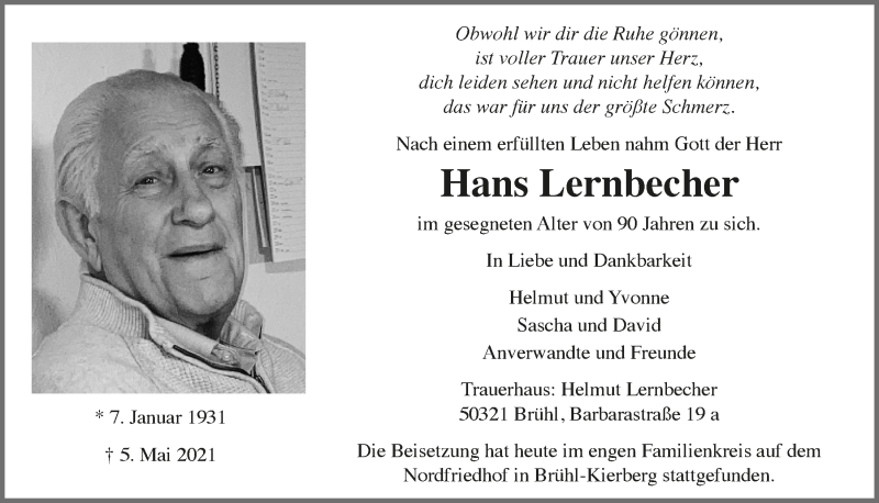  Traueranzeige für Hans Lernbecher vom 14.05.2021 aus  Schlossbote/Werbekurier 