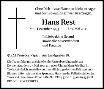 Anzeige von Hans Rest von Kölner Stadt-Anzeiger / Kölnische Rundschau / Express