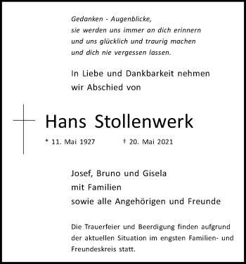 Anzeige von Hans Stollenwerk von Kölner Stadt-Anzeiger / Kölnische Rundschau / Express