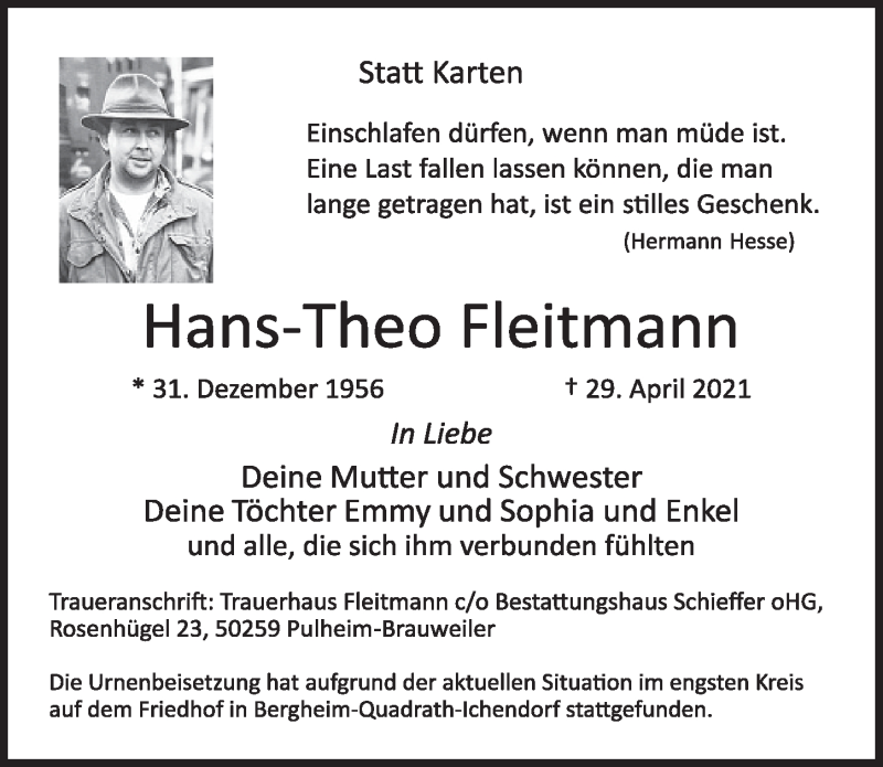  Traueranzeige für Hans-Theo Fleitmann vom 21.05.2021 aus  Wochenende 