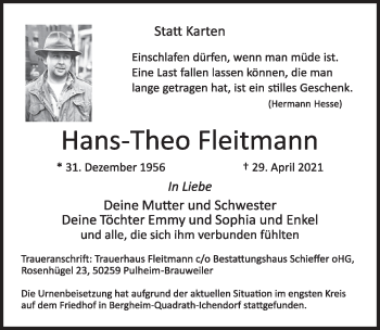 Anzeige von Hans-Theo Fleitmann von  Wochenende 