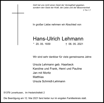 Anzeige von Hans-Ulrich Lehmann von Kölner Stadt-Anzeiger / Kölnische Rundschau / Express