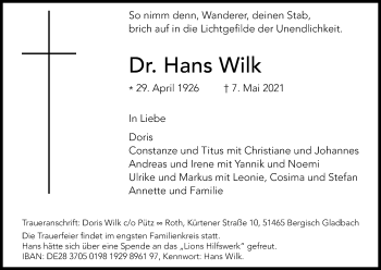 Anzeige von Hans Wilk von Kölner Stadt-Anzeiger / Kölnische Rundschau / Express