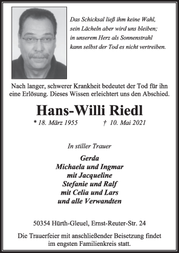 Anzeige von Hans-Willi Riedl von  Wochenende 