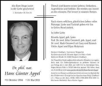 Anzeige von Hans Günter Appel von Kölner Stadt-Anzeiger / Kölnische Rundschau / Express