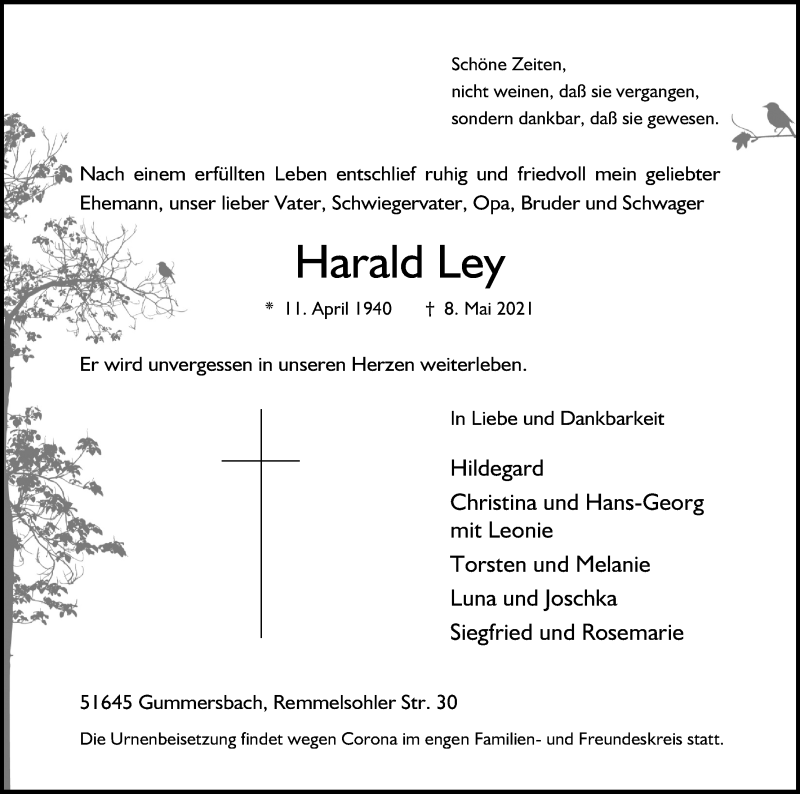  Traueranzeige für Harald Ley vom 15.05.2021 aus Kölner Stadt-Anzeiger / Kölnische Rundschau / Express