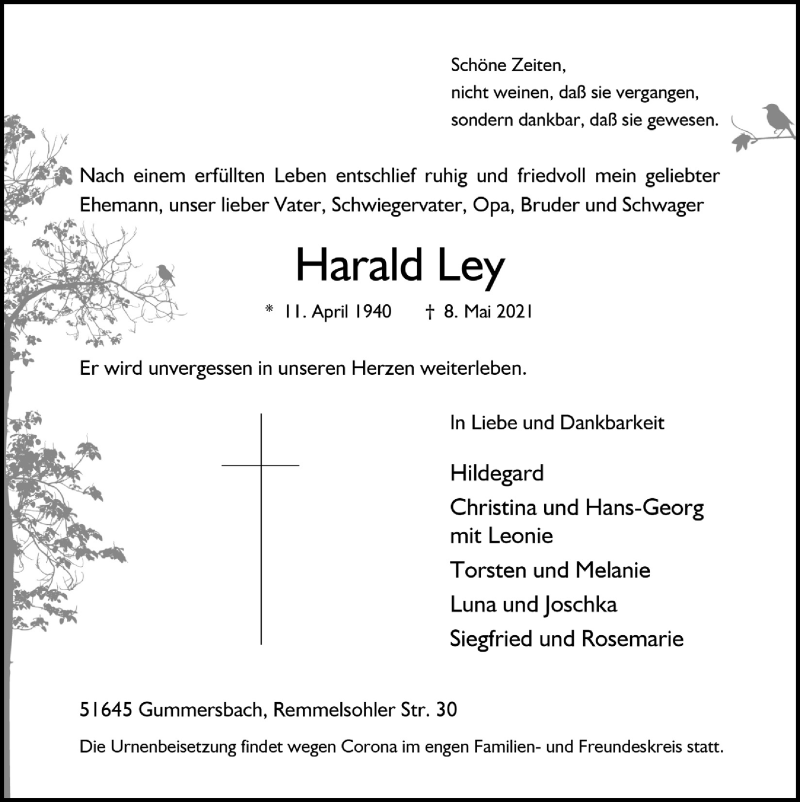  Traueranzeige für Harald Ley vom 14.05.2021 aus  Anzeigen Echo 