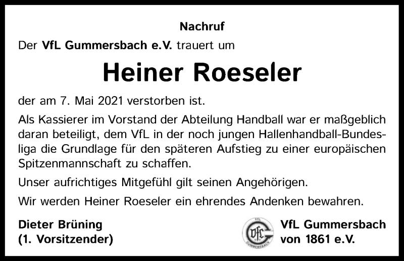  Traueranzeige für Heiner Roeseler vom 29.05.2021 aus Kölner Stadt-Anzeiger / Kölnische Rundschau / Express