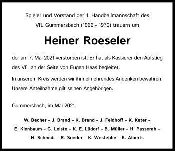 Anzeige von Heiner Roeseler von Kölner Stadt-Anzeiger / Kölnische Rundschau / Express