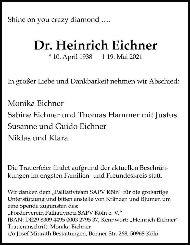  Traueranzeige für Heinrich Eichner vom 29.05.2021 aus Kölner Stadt-Anzeiger / Kölnische Rundschau / Express