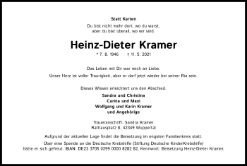Anzeige von Heinz-Dieter Kramer von Kölner Stadt-Anzeiger / Kölnische Rundschau / Express