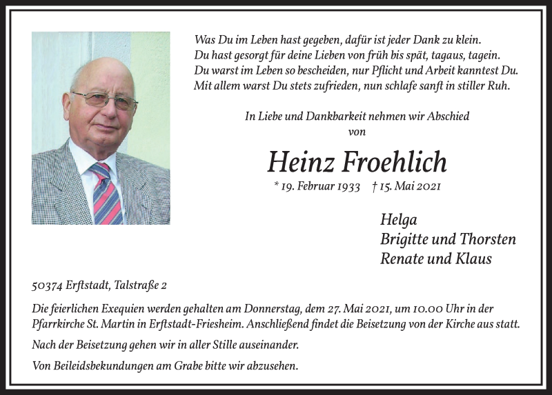  Traueranzeige für Heinz Froehlich vom 21.05.2021 aus  Schlossbote/Werbekurier  Werbepost 