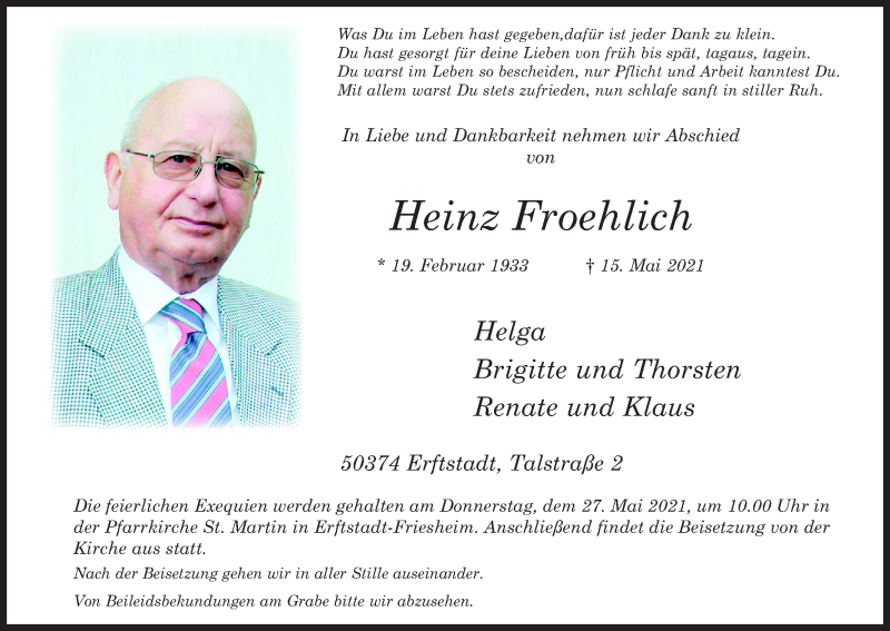  Traueranzeige für Heinz Froehlich vom 22.05.2021 aus Kölner Stadt-Anzeiger / Kölnische Rundschau / Express
