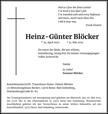 Anzeige von Heinz-Günter Blöcker von Kölner Stadt-Anzeiger / Kölnische Rundschau / Express